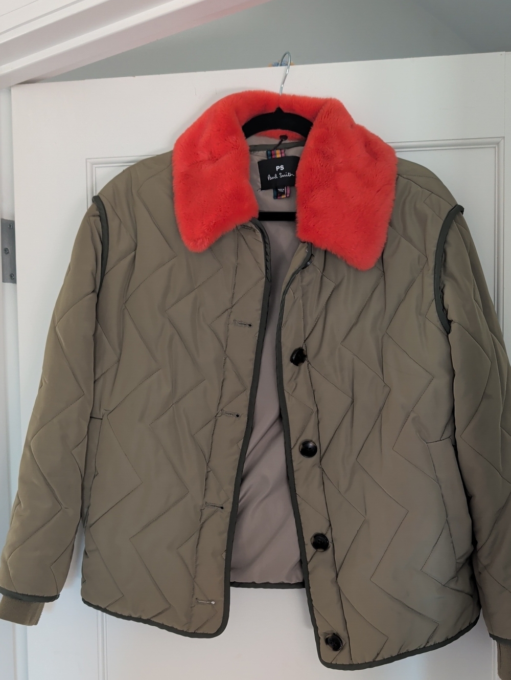 PS Paul Smith Olive Quilted Jacket with Coral Faux Fur Collar